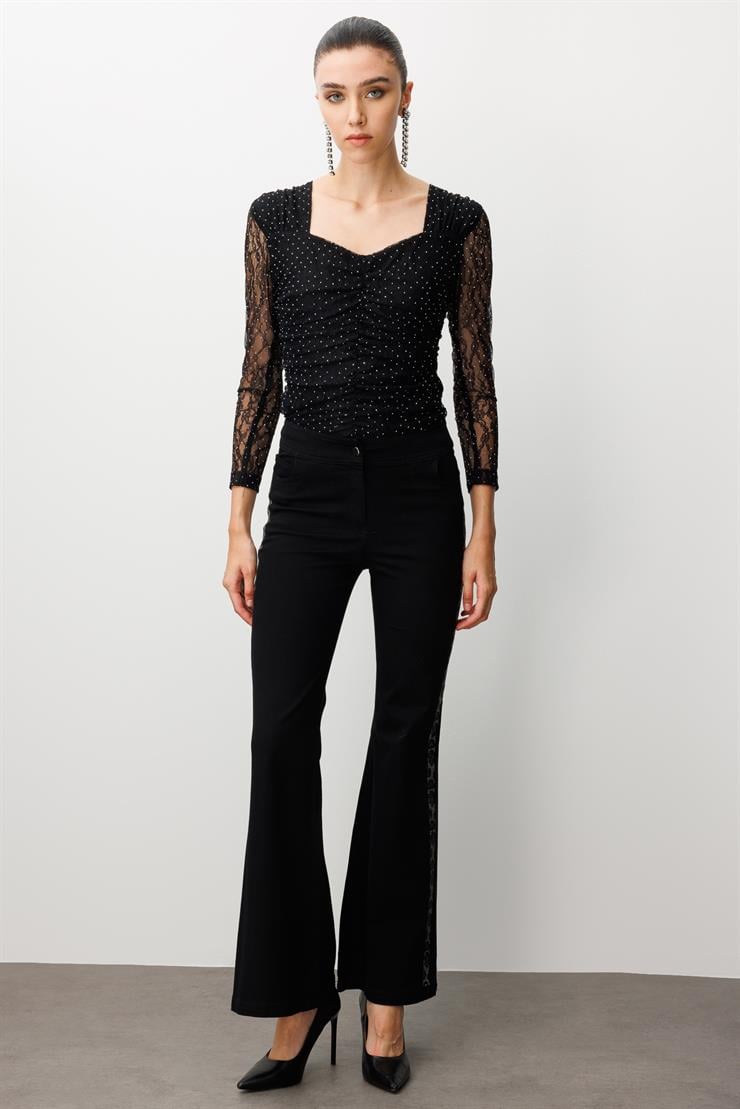 Modailgi  Yanları Taş Detaylı Yüksek Bel İspanyol Paça Pantolon Siyah
