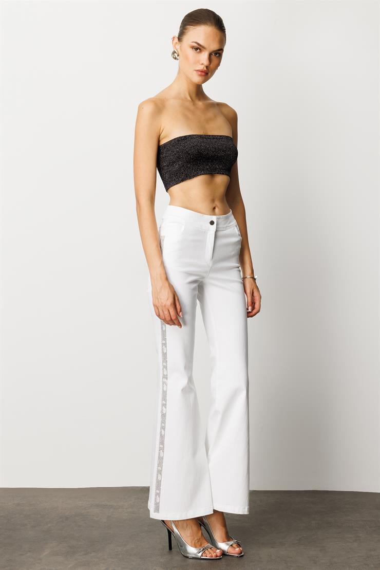 Modailgi  Yanları Taş Detaylı Yüksek Bel İspanyol Paça Pantolon Ekru