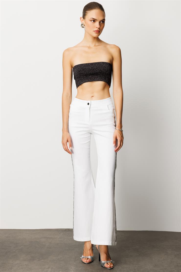 Modailgi  Yanları Taş Detaylı Yüksek Bel İspanyol Paça Pantolon Ekru