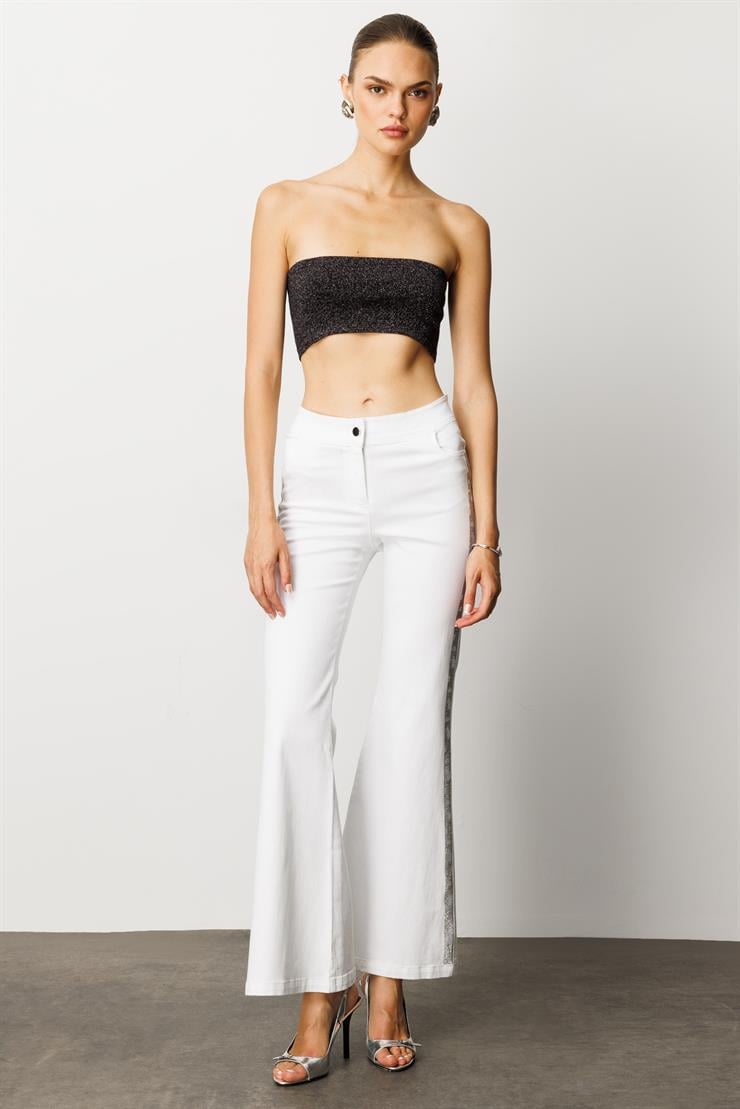 Modailgi  Yanları Taş Detaylı Yüksek Bel İspanyol Paça Pantolon Ekru