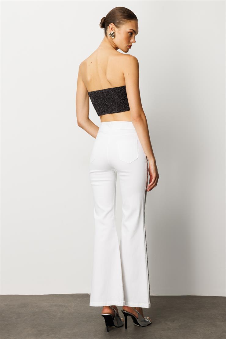 Modailgi  Yanları Taş Detaylı Yüksek Bel İspanyol Paça Pantolon Ekru