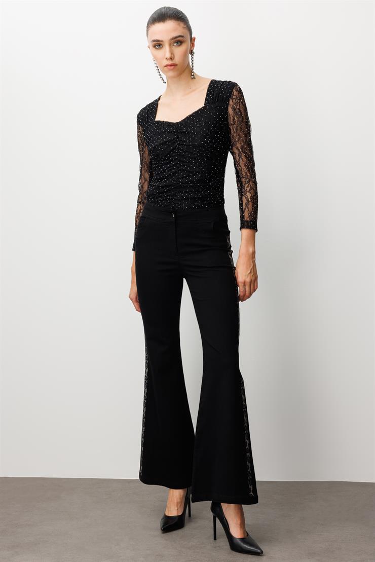 Modailgi  Yanları Taş Detaylı Yüksek Bel İspanyol Paça Pantolon Siyah