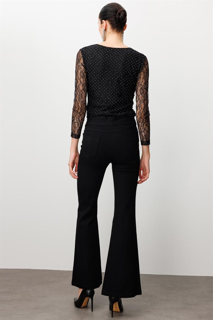 Modailgi  Yanları Taş Detaylı Yüksek Bel İspanyol Paça Pantolon Siyah