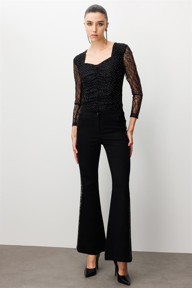 Modailgi  Yanları Taş Detaylı Yüksek Bel İspanyol Paça Pantolon Siyah