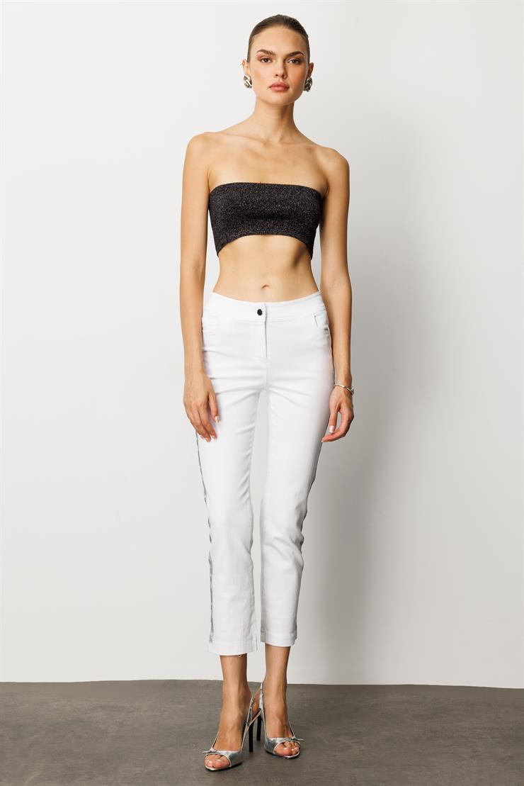 Modailgi  Yanları Taş İşleme Detaylı Bilek Boy Dar Kesim Pantolon Ekru