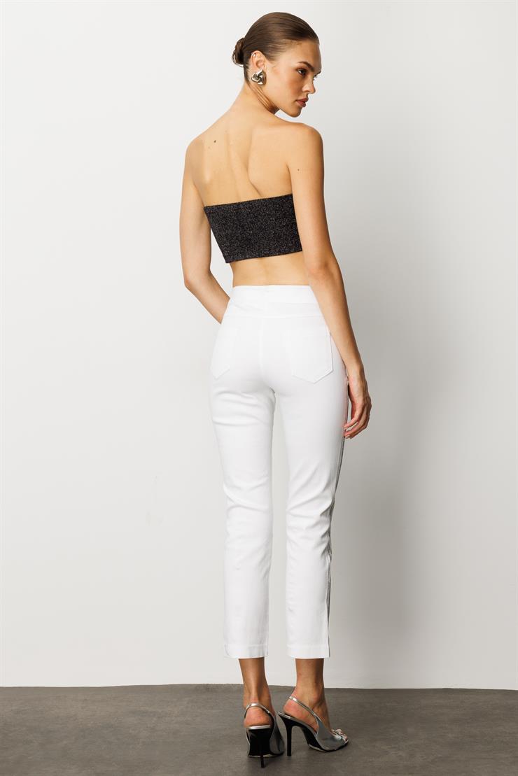 Modailgi  Yanları Taş İşleme Detaylı Bilek Boy Dar Kesim Pantolon Ekru
