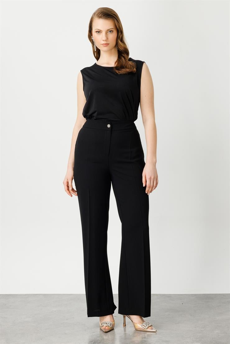 Modailgi  Yanları Taş Şeritli Geniş Paça Pantolon Siyah