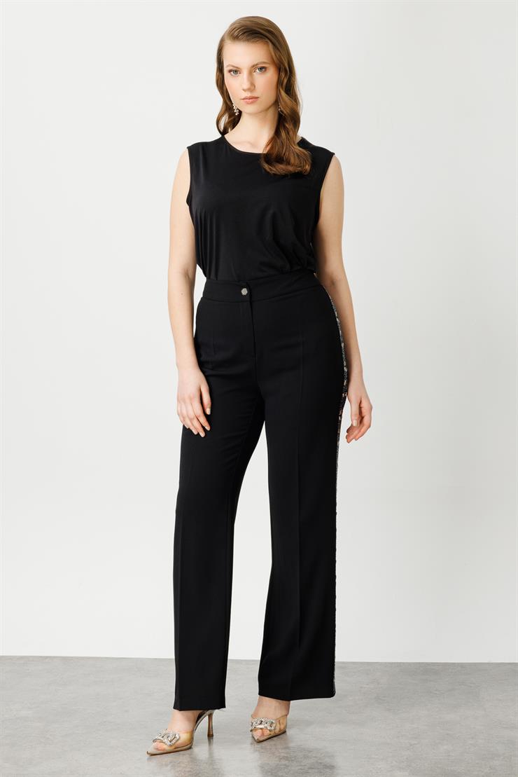 Modailgi  Yanları Taş Şeritli Geniş Paça Pantolon Siyah