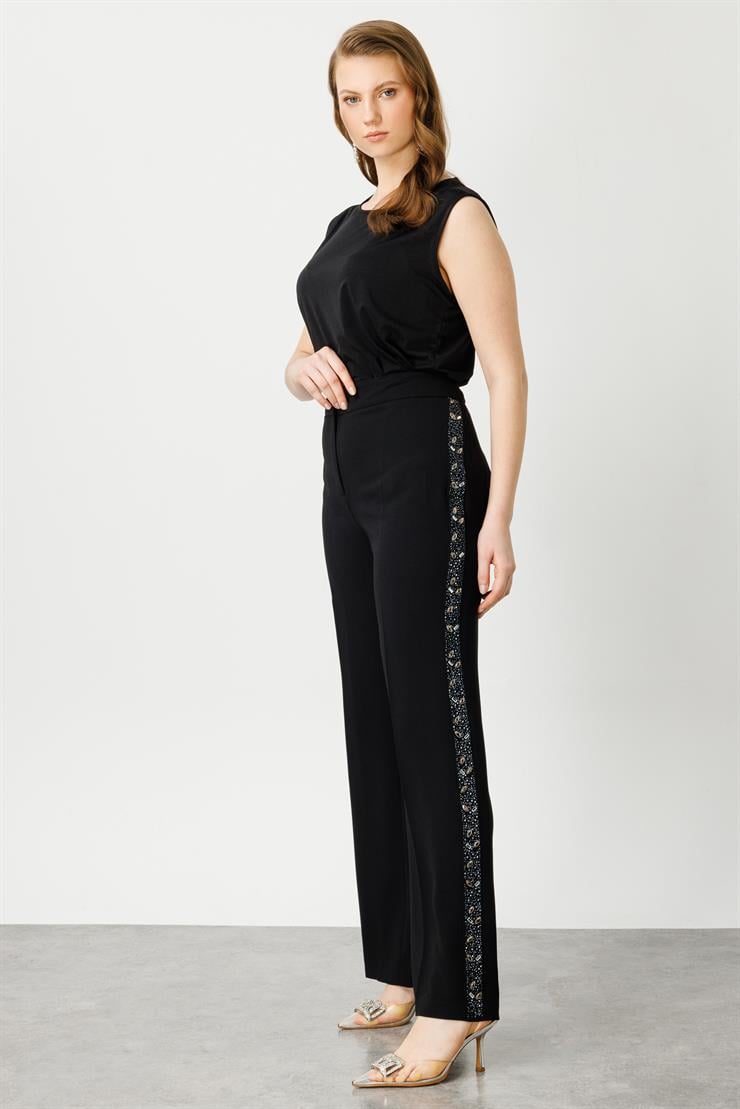 Modailgi  Yanları Taş Şeritli Geniş Paça Pantolon Siyah