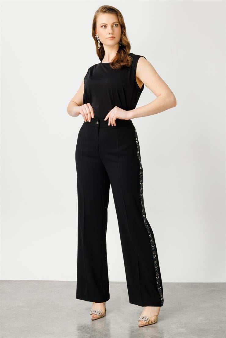 Modailgi  Yanları Taş Şeritli Geniş Paça Pantolon Siyah