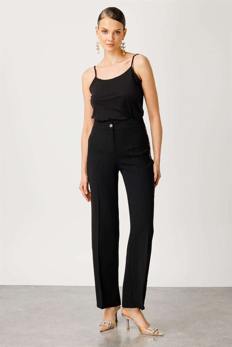 Modailgi  Yanları Taş Şeritli Geniş Paça Pantolon - 7545 Siyah