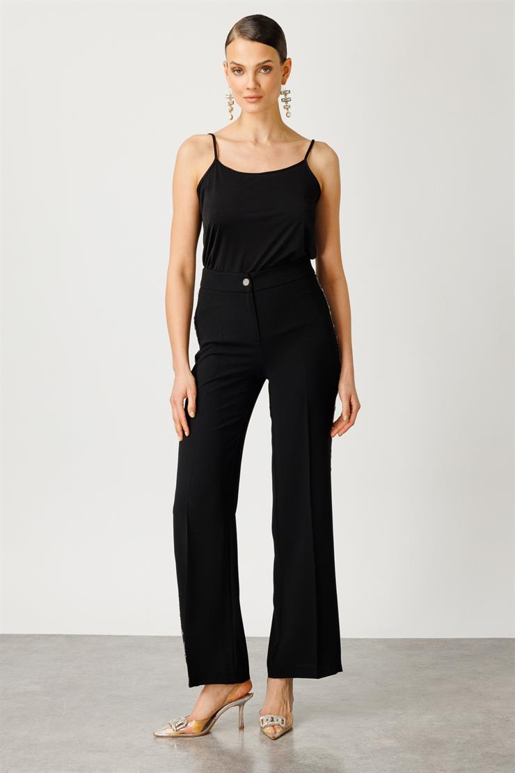 Modailgi  Yanları Taş Şeritli Geniş Paça Pantolon - 7545 Siyah