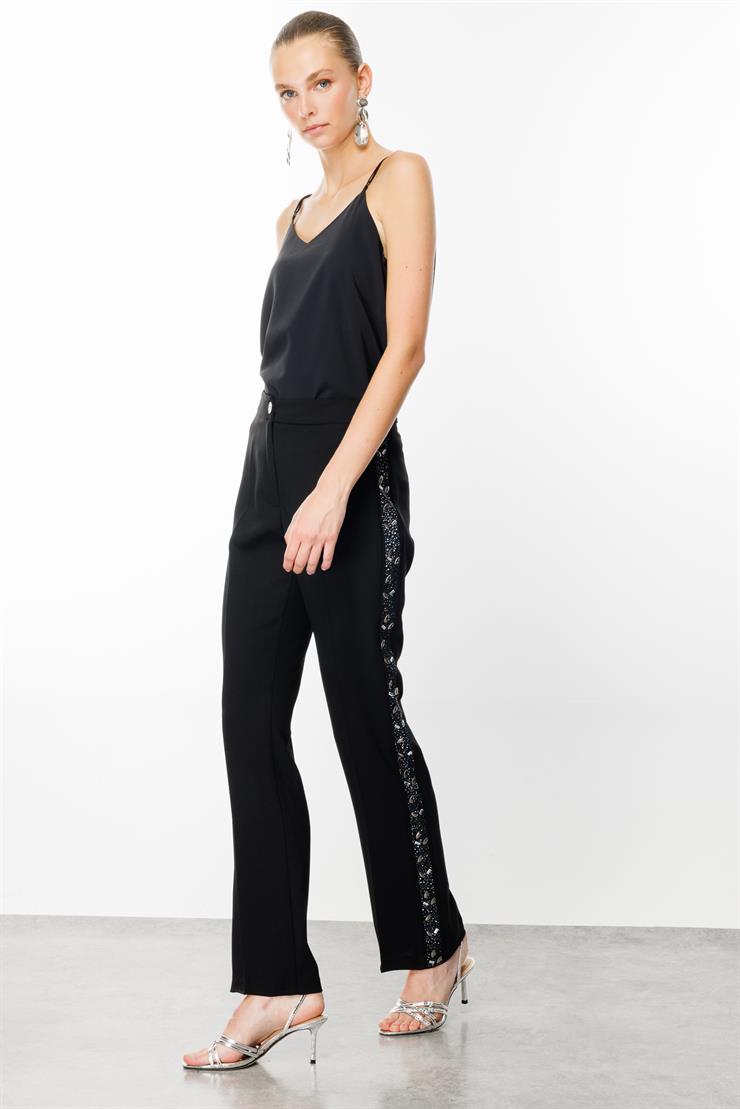 Modailgi  Yanları Taş Şeritli Pantolon - 7582 Siyah