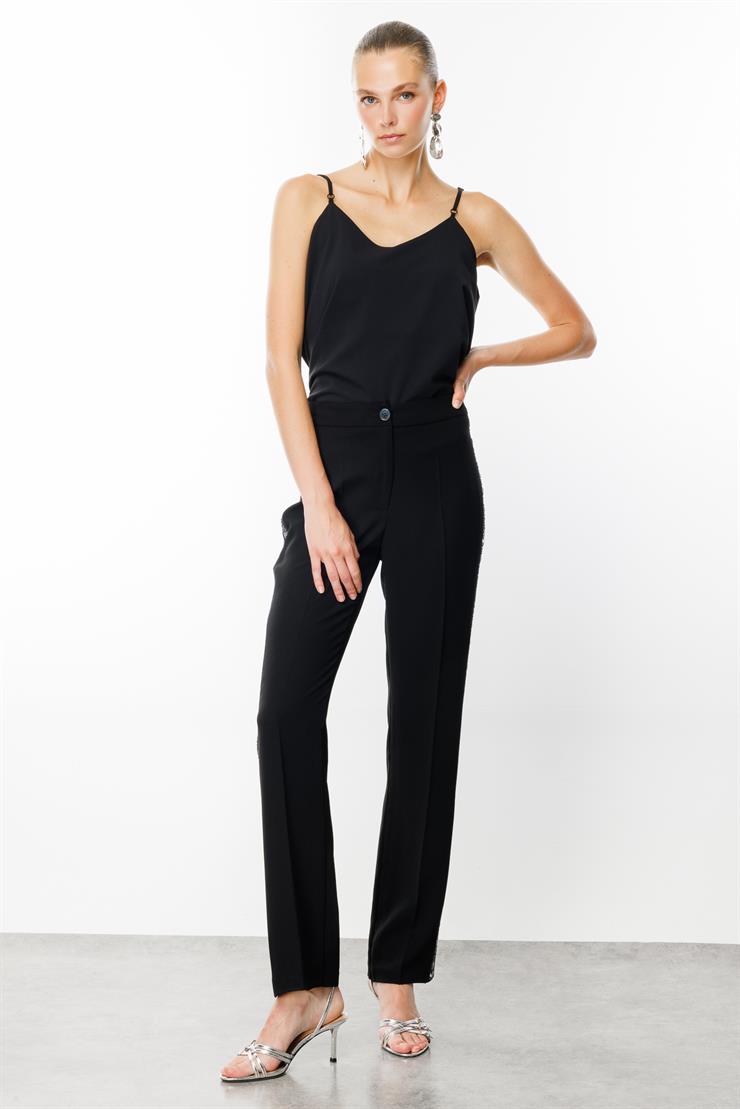 Modailgi  Yanları Taş Şeritli Pantolon - 7582 Siyah