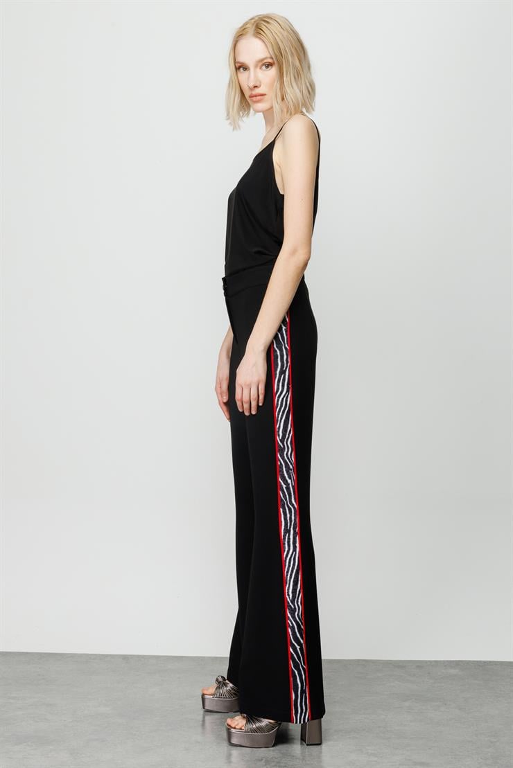 Modailgi  Yanları Zebra Desen İspanyol Paça Pantolon Siyah