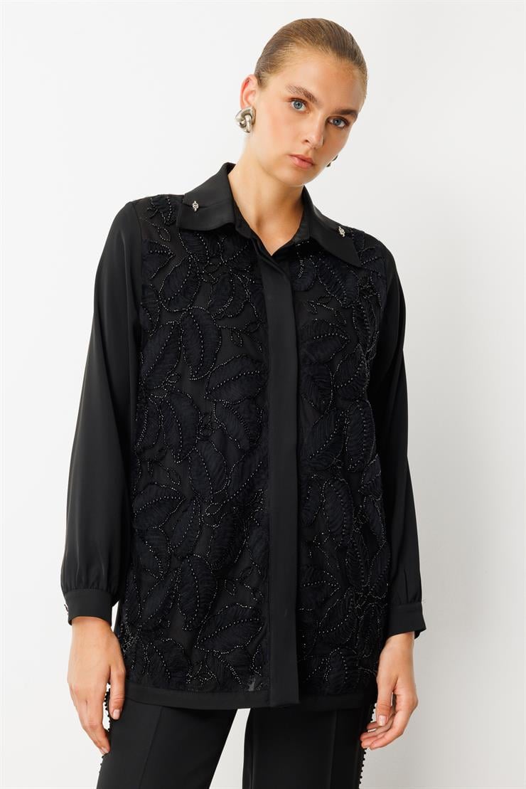 Modailgi  Yaprak Desenli Boncuk Detaylı Takma Kol Gömlek Siyah