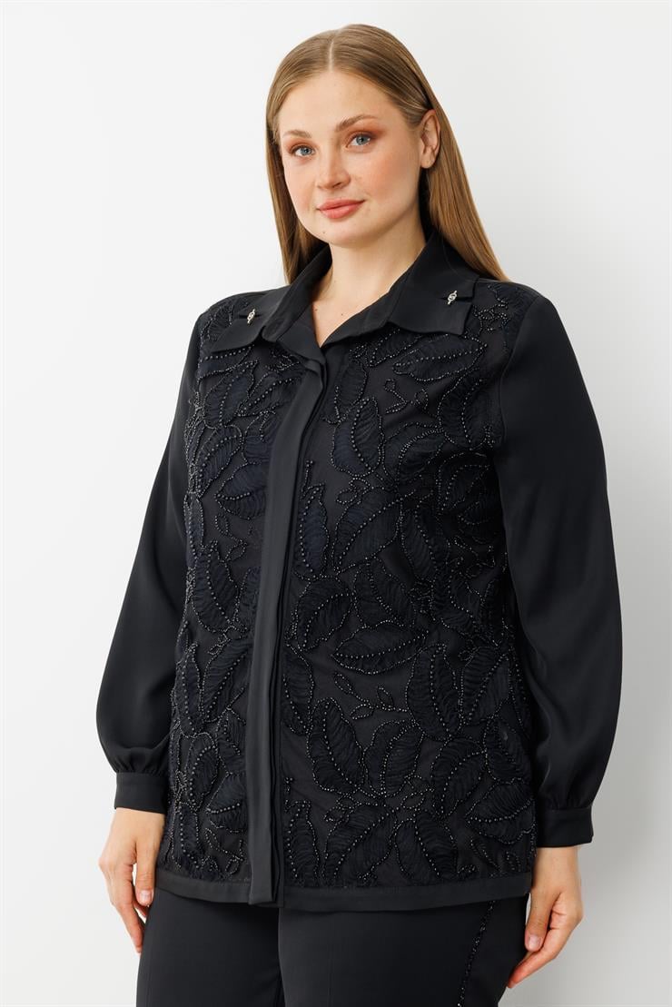 Modailgi  Yaprak Desenli Boncuk Detaylı Takma Kol Gömlek - 30052 Siyah