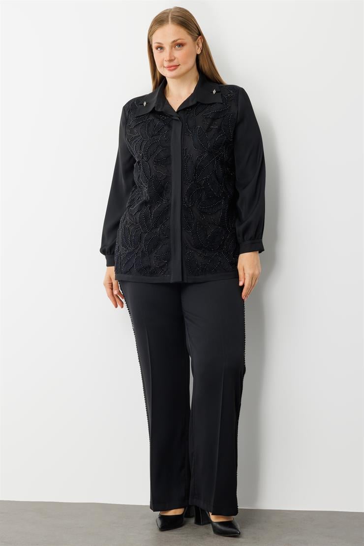 Modailgi  Yaprak Desenli Boncuk Detaylı Takma Kol Gömlek - 30052 Siyah