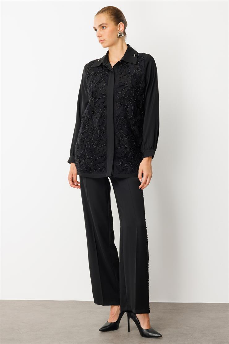 Modailgi  Yaprak Desenli Boncuk Detaylı Takma Kol Gömlek Siyah