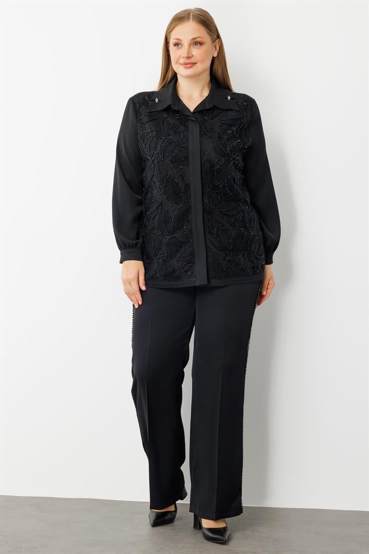 Modailgi  Yaprak Desenli Boncuk Detaylı Takma Kol Gömlek - 30052 Siyah