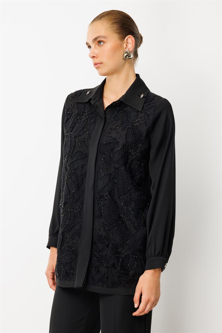 Modailgi  Yaprak Desenli Boncuk Detaylı Takma Kol Gömlek Siyah