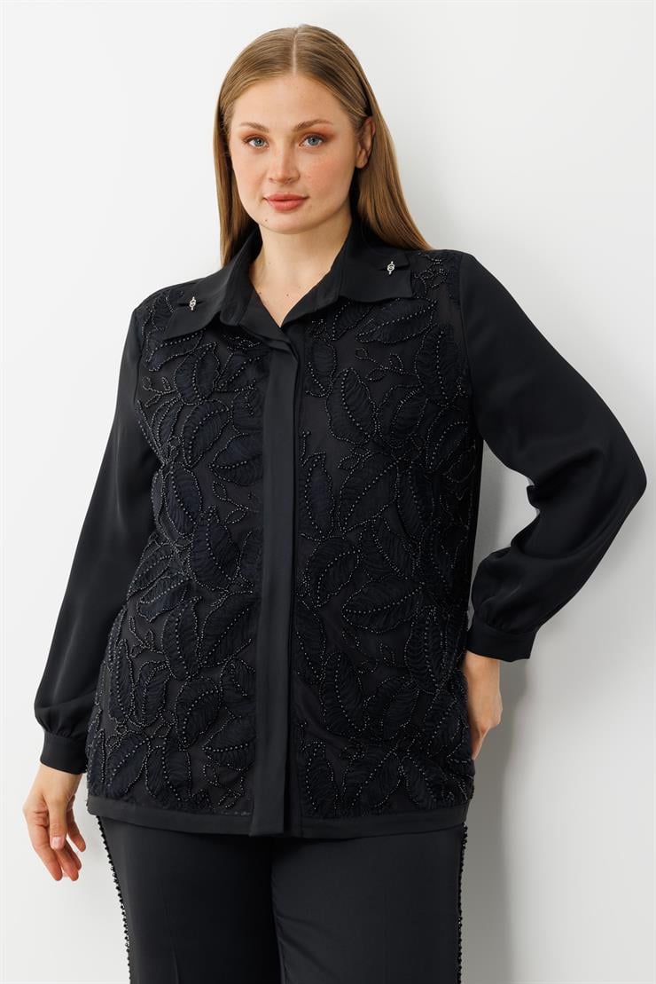 Modailgi  Yaprak Desenli Boncuk Detaylı Takma Kol Gömlek - 30052 Siyah