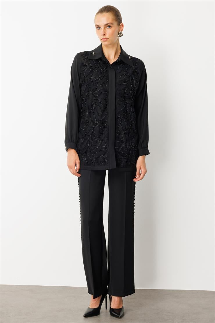 Modailgi  Yaprak Desenli Boncuk Detaylı Takma Kol Gömlek Siyah