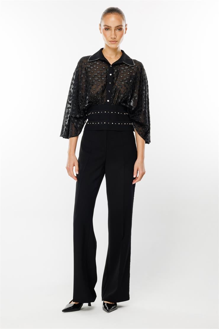 Modailgi  Yarasa Kol Büzgülü Fermuarlı Korsajlı Simli Puanlı Bluz - 4601 Siyah