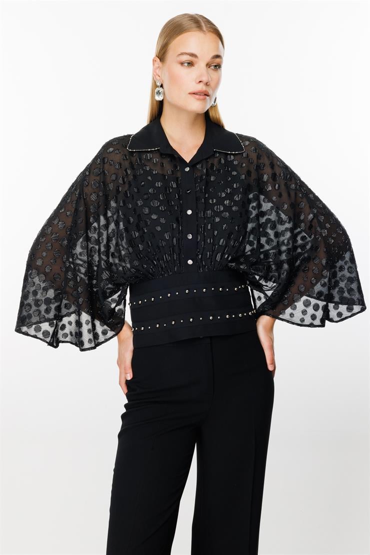 Modailgi  Yarasa Kol Büzgülü Fermuarlı Korsajlı Simli Puanlı Bluz - 4601 Siyah