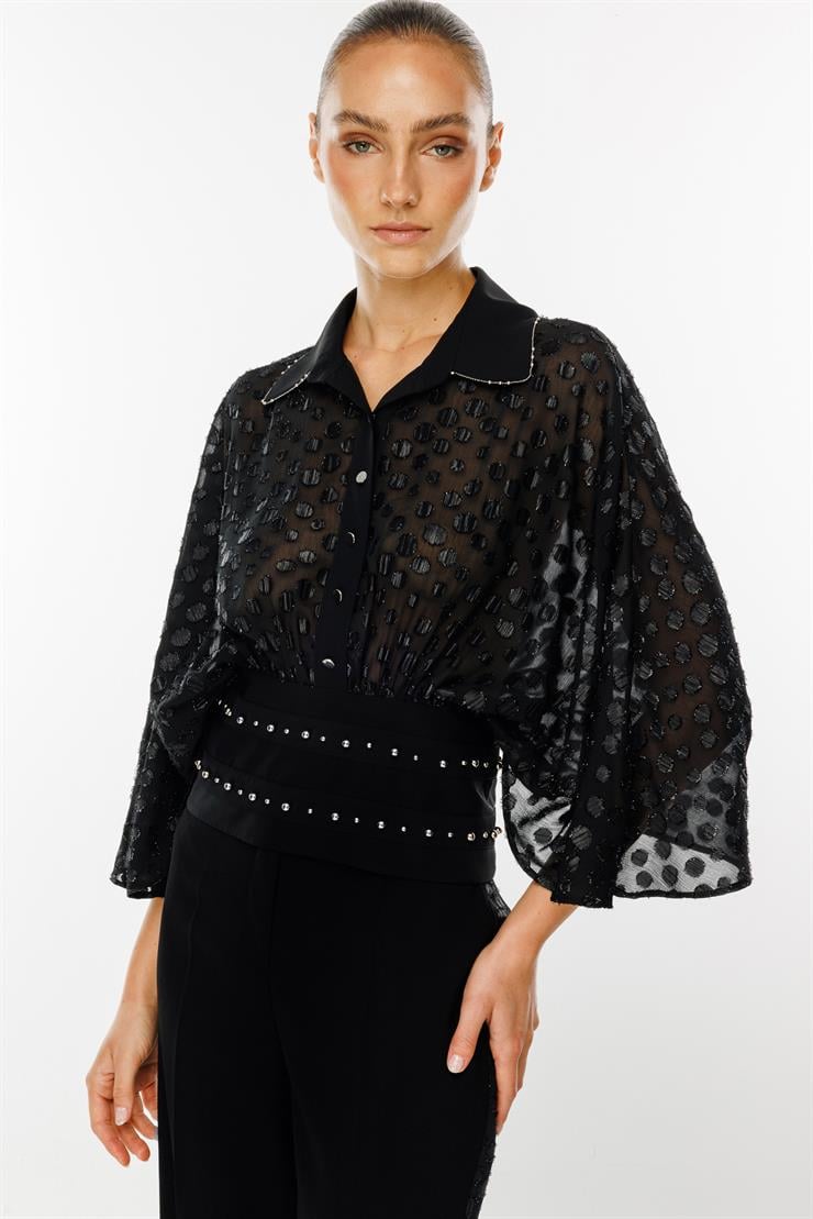 Modailgi  Yarasa Kol Büzgülü Fermuarlı Korsajlı Simli Puanlı Bluz - 4601 Siyah