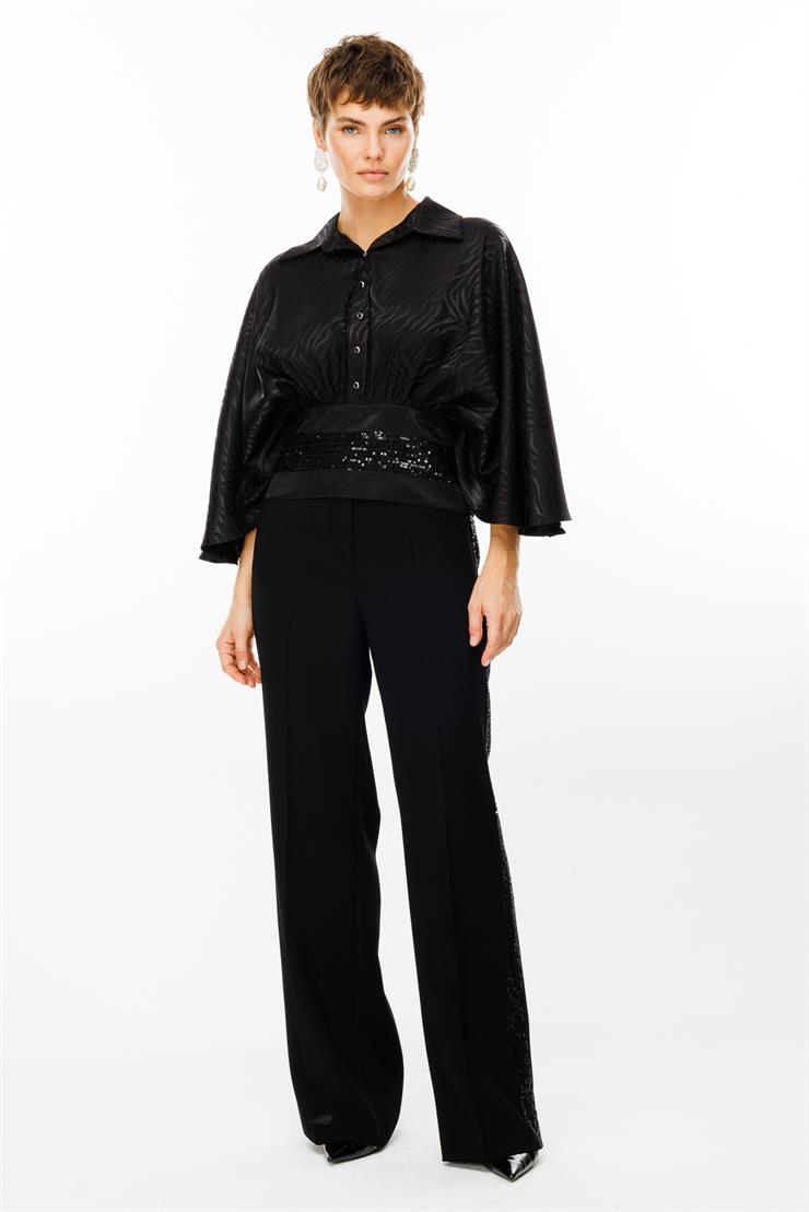 Modailgi  Yarasa Kol Büzgülü Korsajlı Payetli Bluz Siyah