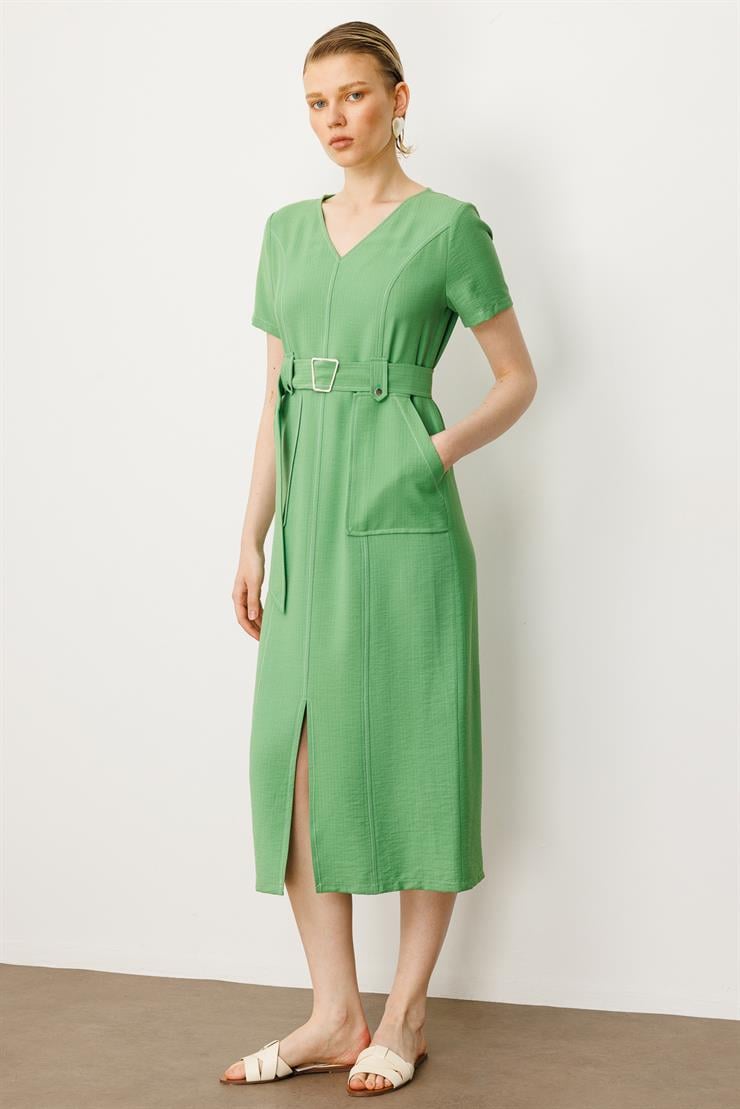 Modailgi  Yarım Kol V Yaka Kuşak Kemer Bağlamalı Yandan Cepli Midi Boy Elbise Yeşil