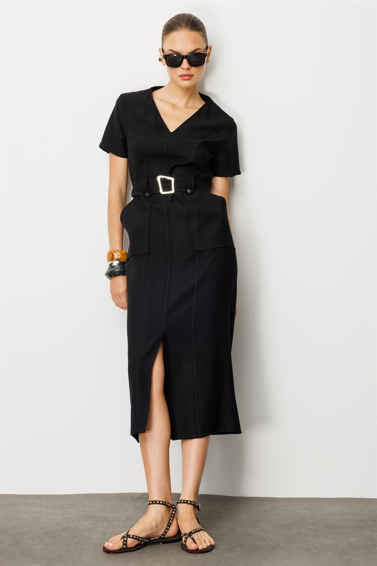 Modailgi  Yarım Kol V Yaka Kuşak Kemer Bağlamalı Yandan Cepli Midi Boy Elbise Siyah