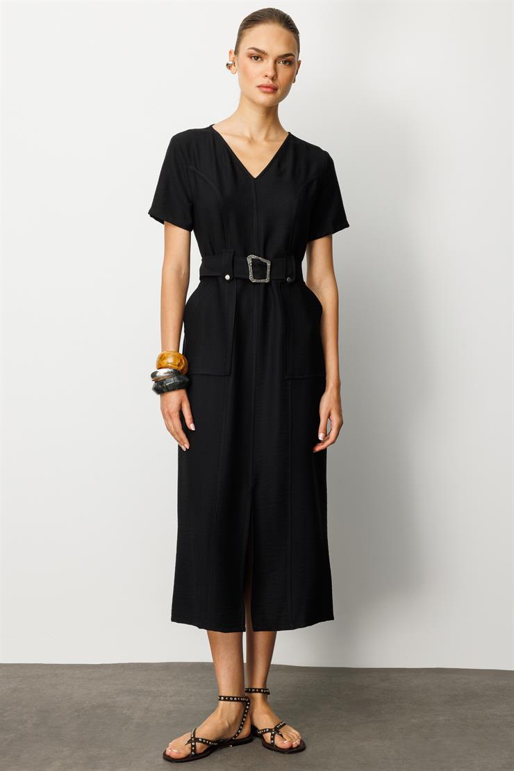 Modailgi  Yarım Kol V Yaka Kuşak Kemer Bağlamalı Yandan Cepli Midi Boy Elbise Siyah