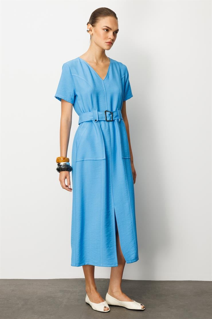 Modailgi  Yarım Kol V Yaka Kuşak Kemer Bağlamalı Yandan Cepli Midi Boy Elbise Mavi