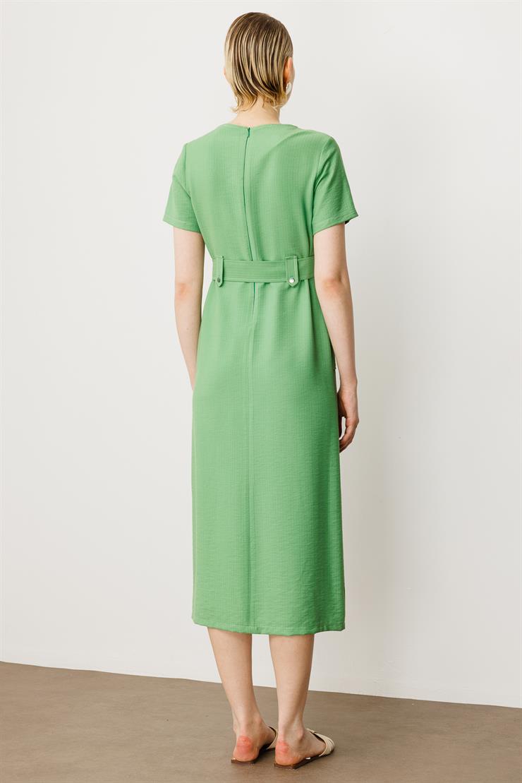 Modailgi  Yarım Kol V Yaka Kuşak Kemer Bağlamalı Yandan Cepli Midi Boy Elbise Yeşil
