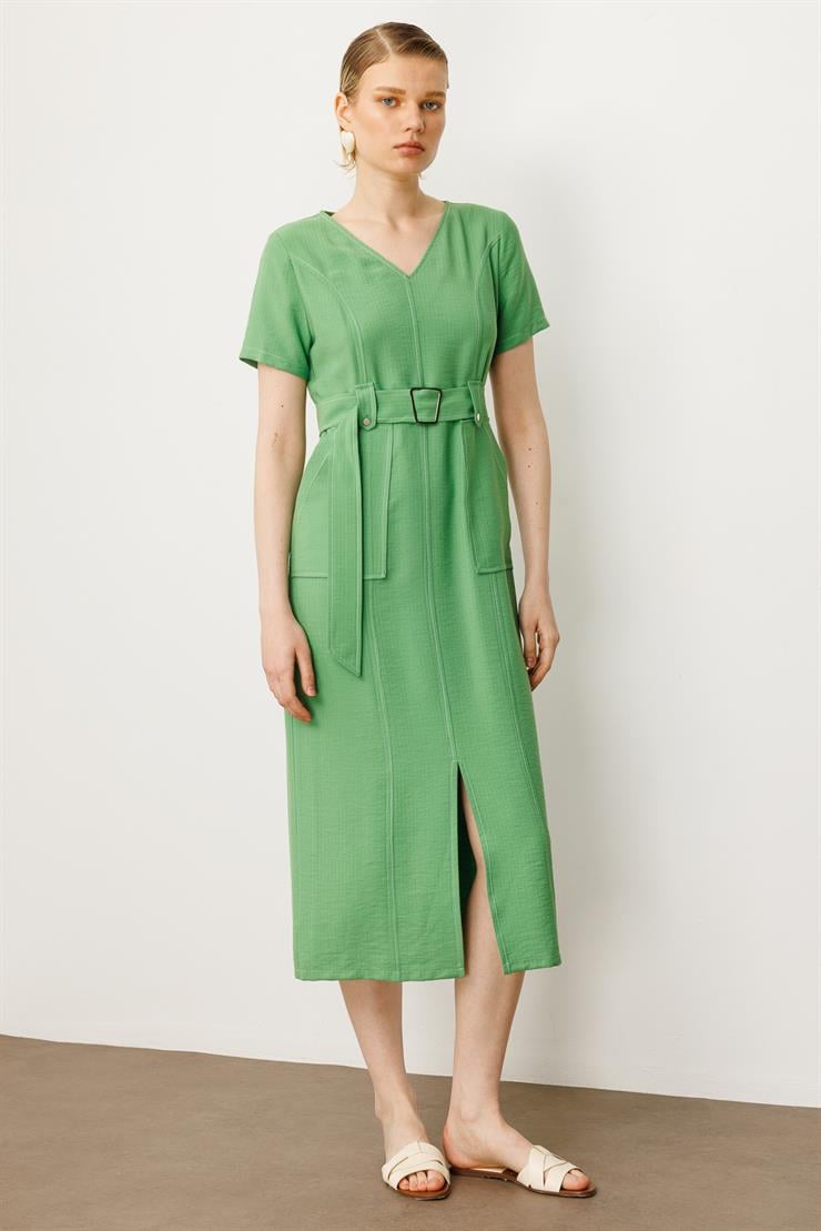 Modailgi  Yarım Kol V Yaka Kuşak Kemer Bağlamalı Yandan Cepli Midi Boy Elbise Yeşil