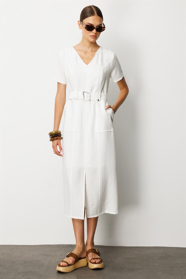 Modailgi  Yarım Kol V Yaka Kuşak Kemer Bağlamalı Yandan Cepli Midi Boy Elbise Ekru