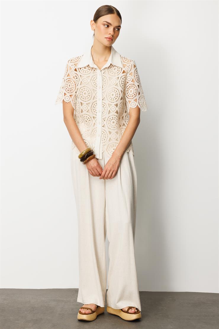 Modailgi  Yarım Kollu Kısa Güpür Gömlek Taş