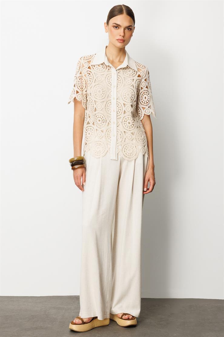 Modailgi  Yarım Kollu Kısa Güpür Gömlek Taş