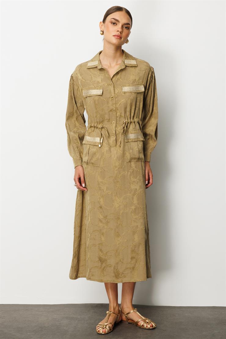 Modailgi  Yarım Patlı Beli Tünel Detaylı Cepli ve Aksesuarlı Uzun Elbise Yağ Yeşili