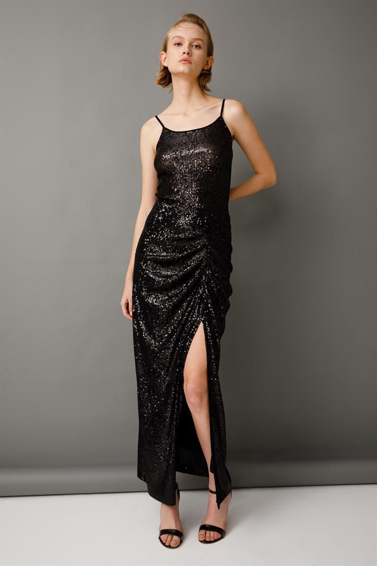 Modailgi  Yırtmaçlı Uzun Payet Etek Siyah