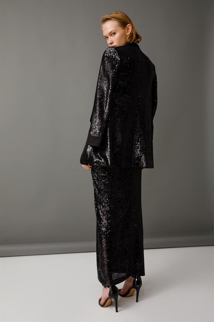 Modailgi  Yırtmaçlı Uzun Payet Etek Siyah