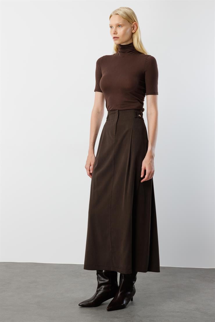 Modailgi  Yüksek Bel Bant ve Trok Detaylı Bedeni Kesik Çan Etek - 15021 Kahve