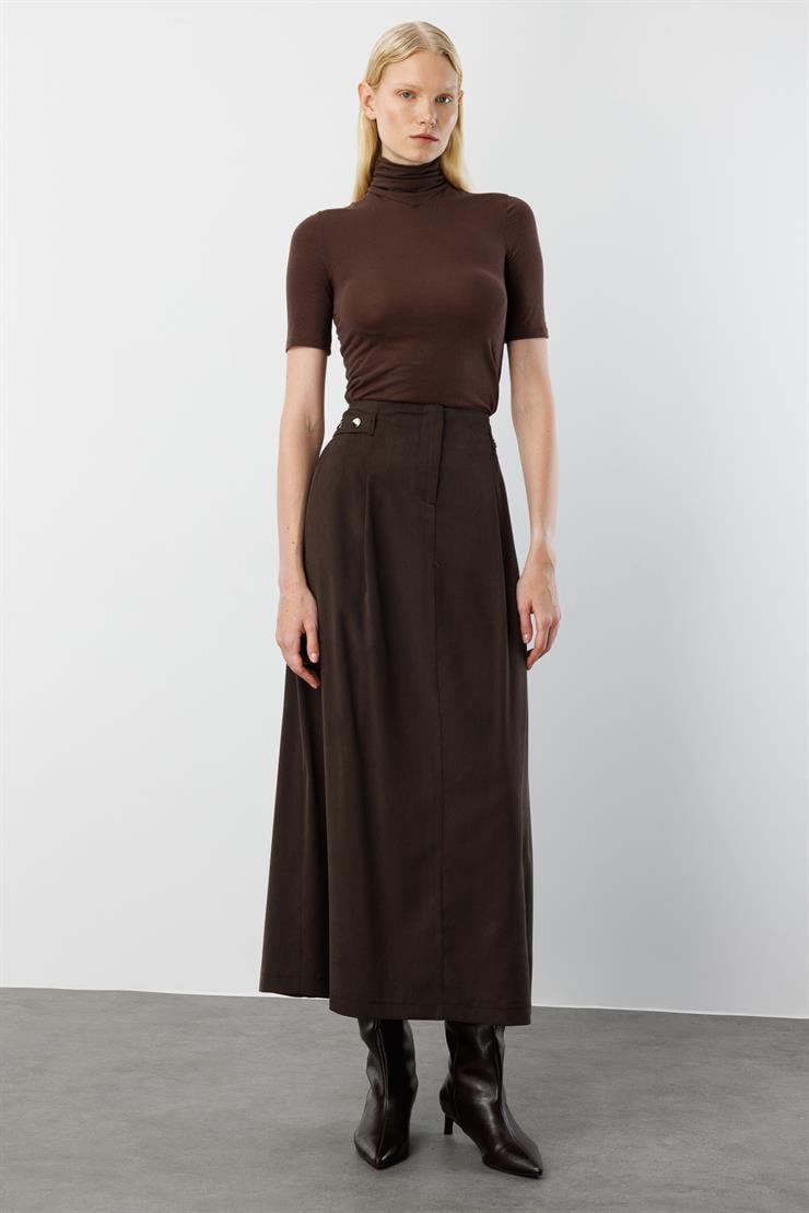 Modailgi  Yüksek Bel Bant ve Trok Detaylı Bedeni Kesik Çan Etek - 15021 Kahve