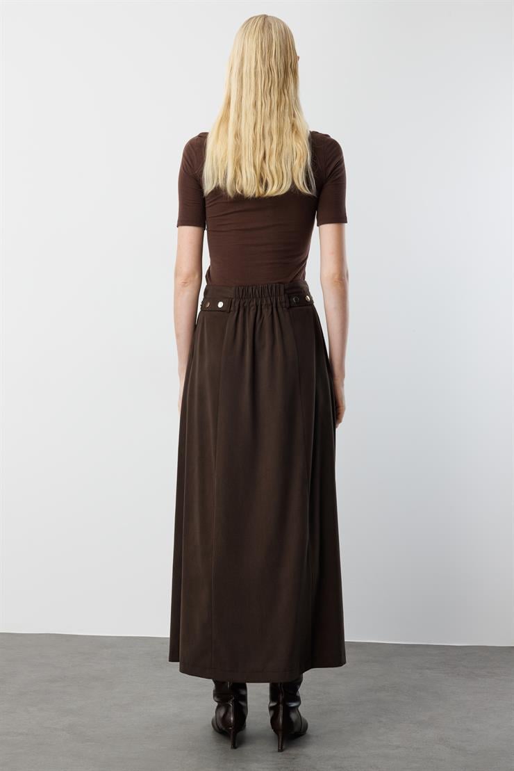 Modailgi  Yüksek Bel Bant ve Trok Detaylı Bedeni Kesik Çan Etek - 15021 Kahve