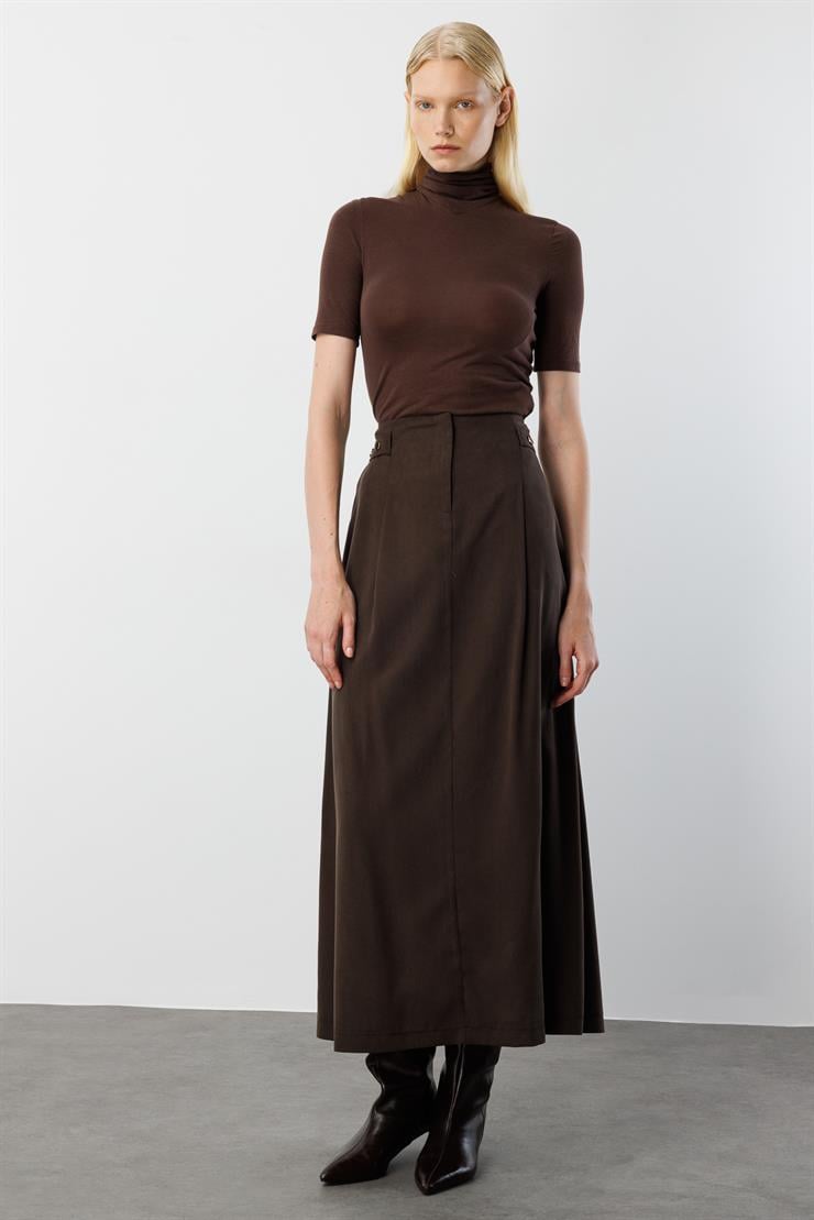 Modailgi  Yüksek Bel Bant ve Trok Detaylı Bedeni Kesik Çan Etek - 15021 Kahve