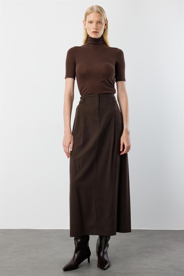 Modailgi  Yüksek Bel Bant ve Trok Detaylı Bedeni Kesik Çan Etek - 15021 Kahve