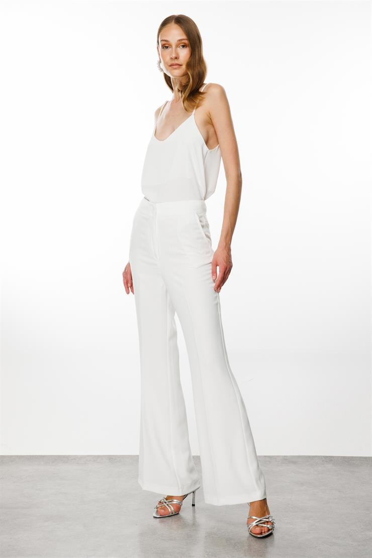 Modailgi  Yüksek Bel Boru Paça Takım Pantolon Ekru