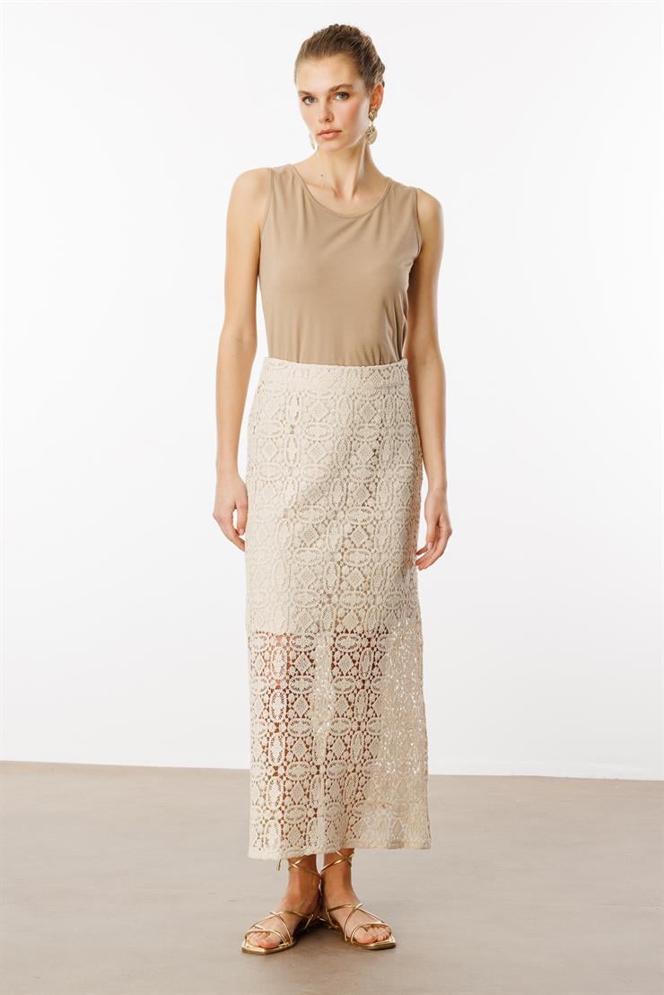 Modailgi  Yüksek Bel Güpür Dantelli Etek Orijinal